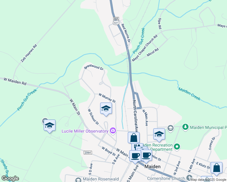 map of restaurants, bars, coffee shops, grocery stores, and more near 107 Brentwood Drive in Maiden