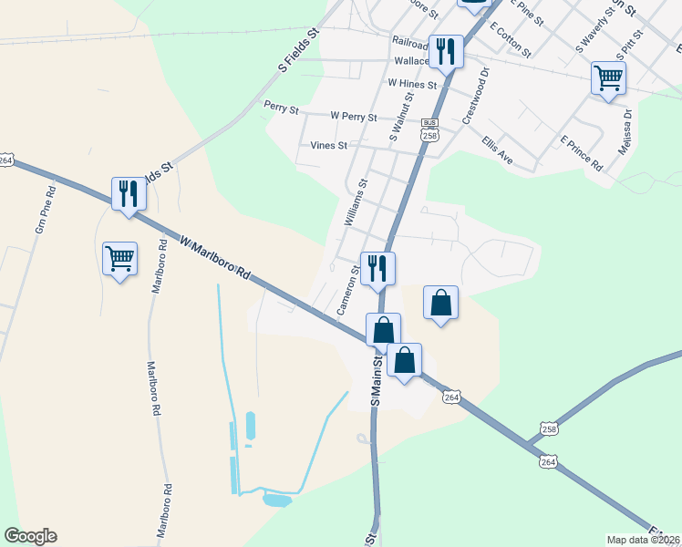 map of restaurants, bars, coffee shops, grocery stores, and more near 3730 Page Hudson Dr in Farmville