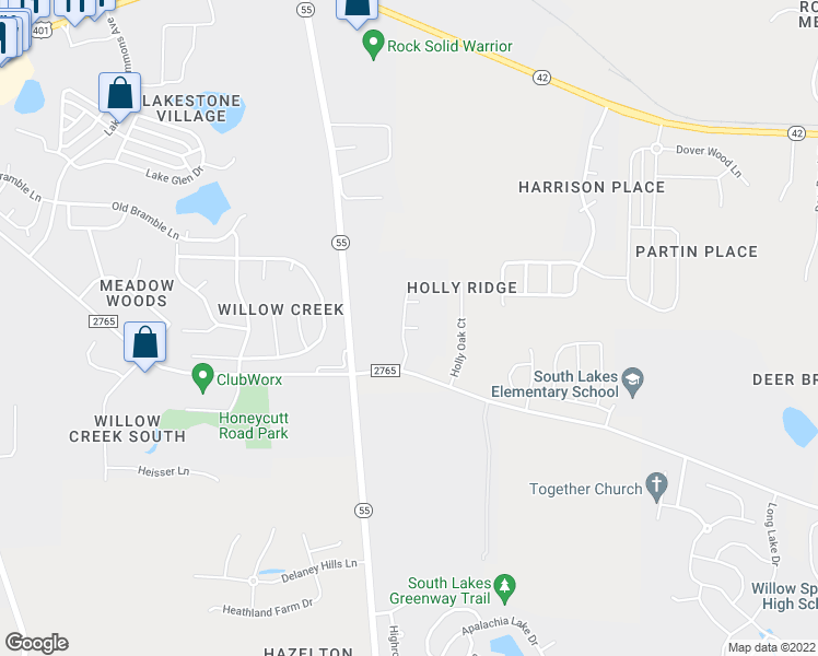 map of restaurants, bars, coffee shops, grocery stores, and more near Fern Willow Court in Fuquay-Varina