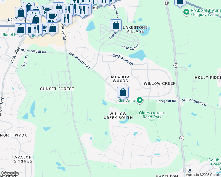 map of restaurants, bars, coffee shops, grocery stores, and more near 1600 Southcross Street in Fuquay-Varina