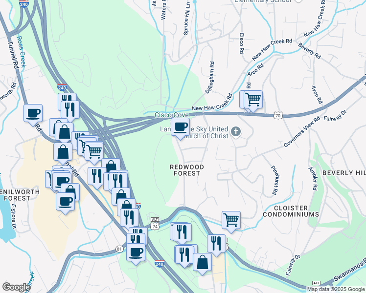 map of restaurants, bars, coffee shops, grocery stores, and more near 9 Oak Ridge Road in Asheville