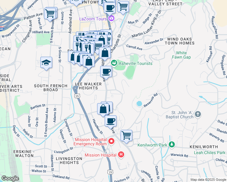 map of restaurants, bars, coffee shops, grocery stores, and more near 324 Biltmore Avenue in Asheville