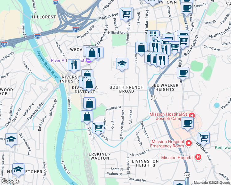 map of restaurants, bars, coffee shops, grocery stores, and more near 271 South French Broad Avenue in Asheville