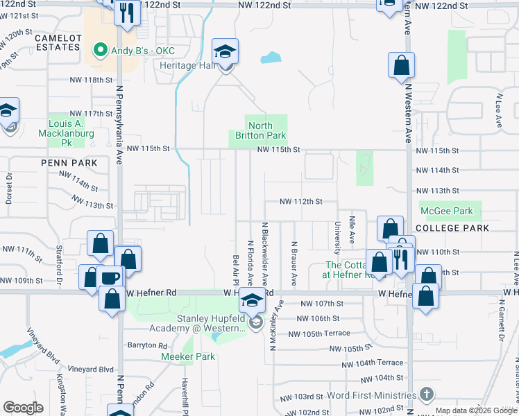 map of restaurants, bars, coffee shops, grocery stores, and more near 11312 North Florida Avenue in Oklahoma City