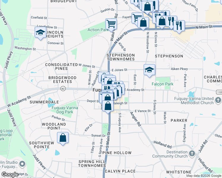map of restaurants, bars, coffee shops, grocery stores, and more near in Fuquay-Varina