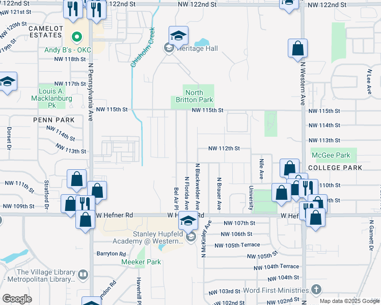 map of restaurants, bars, coffee shops, grocery stores, and more near 11312 North Florida Avenue in Oklahoma City