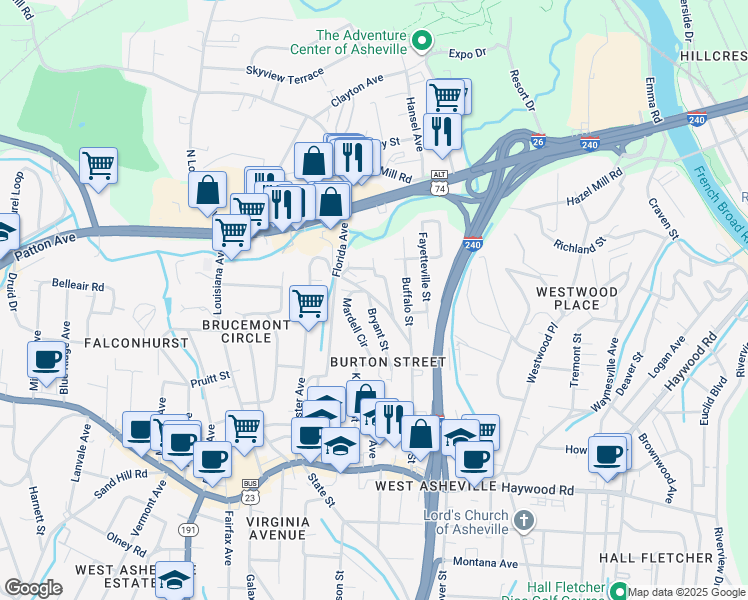 map of restaurants, bars, coffee shops, grocery stores, and more near 10 Bryant Street in Asheville
