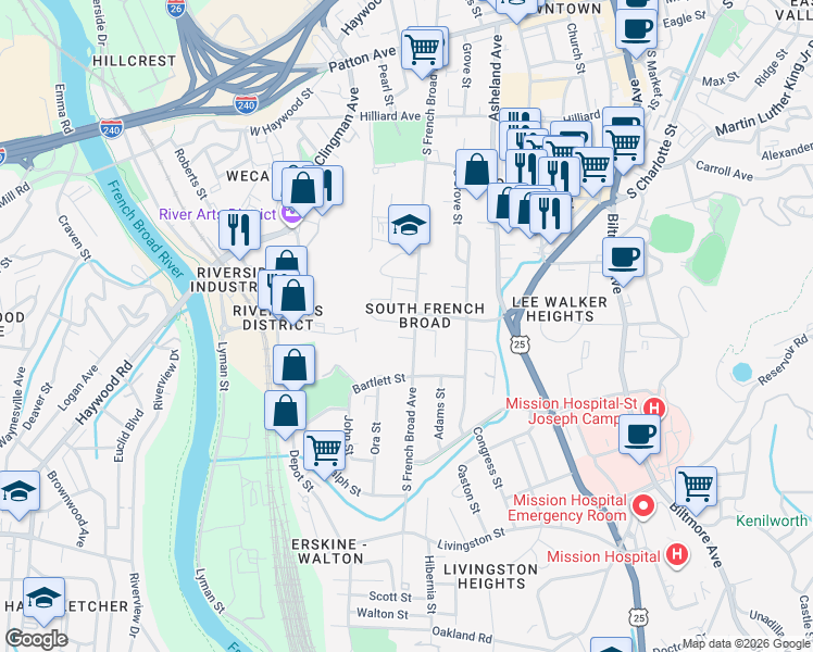 map of restaurants, bars, coffee shops, grocery stores, and more near 271 South French Broad Avenue in Asheville