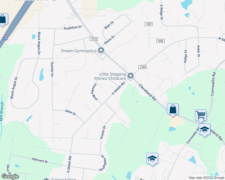 map of restaurants, bars, coffee shops, grocery stores, and more near 3598 South Shiloh Road in Garner
