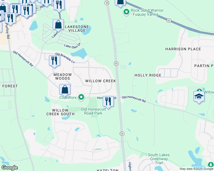 map of restaurants, bars, coffee shops, grocery stores, and more near 208 Honeywell Way in Fuquay Varina