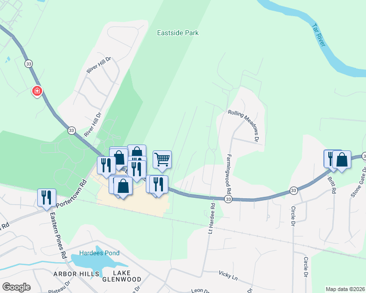 map of restaurants, bars, coffee shops, grocery stores, and more near Eastbend Drive in Greenville