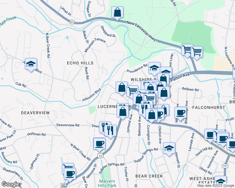map of restaurants, bars, coffee shops, grocery stores, and more near 74 Johnston Boulevard in Asheville