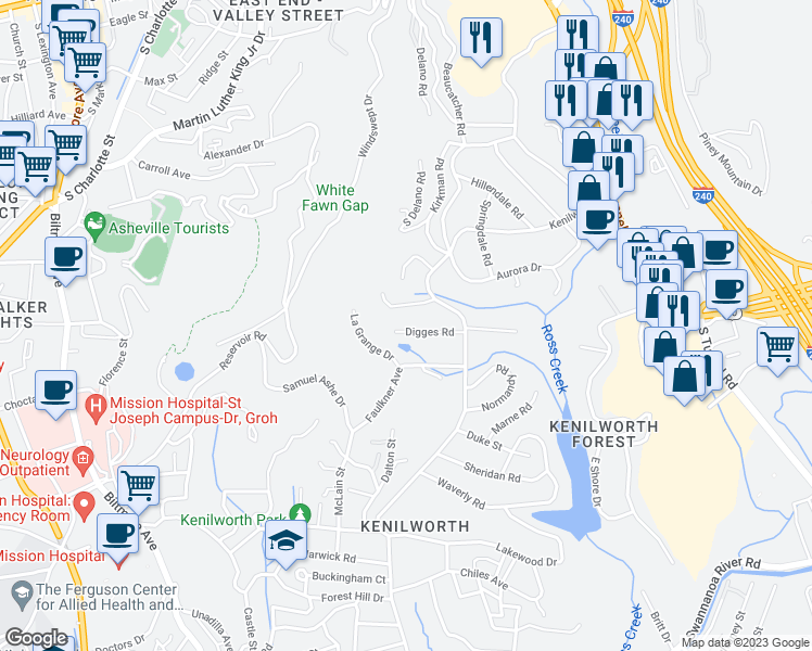 map of restaurants, bars, coffee shops, grocery stores, and more near 7 Digges Road in Asheville