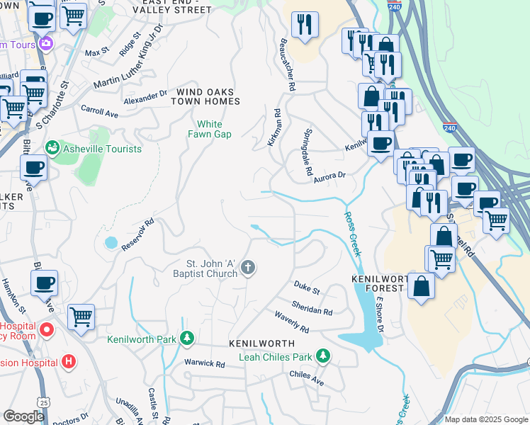 map of restaurants, bars, coffee shops, grocery stores, and more near 5 Digges Road in Asheville