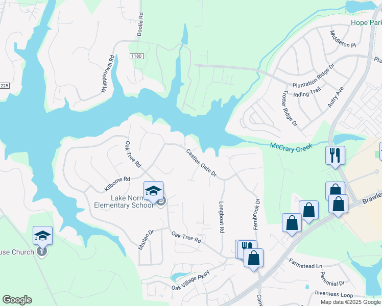 map of restaurants, bars, coffee shops, grocery stores, and more near 183 Castles Gate Drive in Mooresville