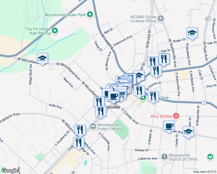 map of restaurants, bars, coffee shops, grocery stores, and more near 118 N Academy St in Mooresville