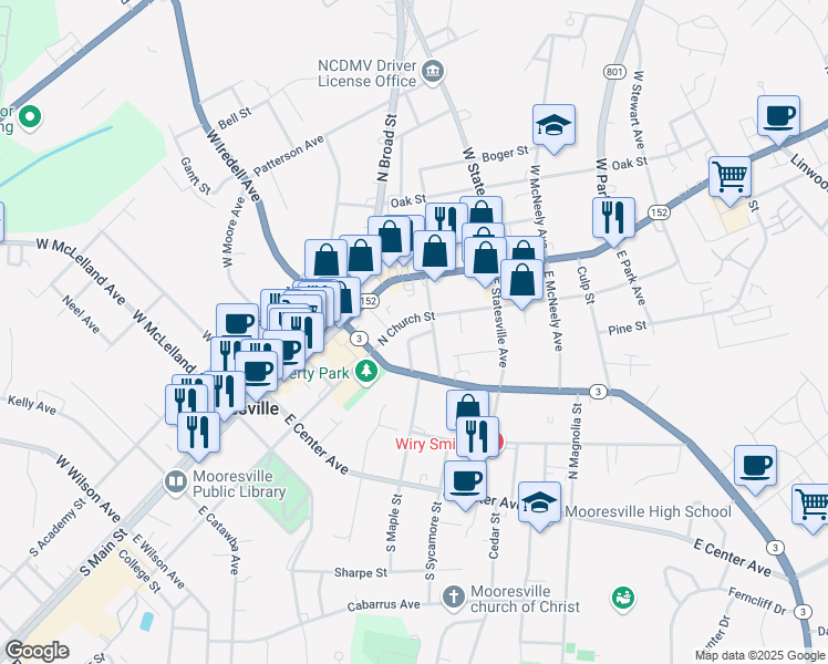 map of restaurants, bars, coffee shops, grocery stores, and more near 332 Clover Street in Mooresville