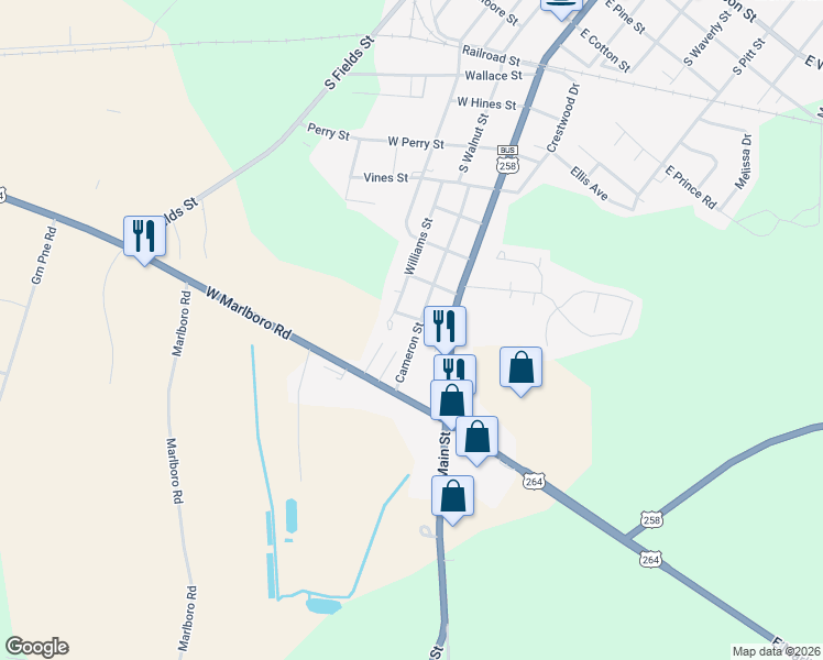 map of restaurants, bars, coffee shops, grocery stores, and more near 3730 Page Hudson Dr in Farmville