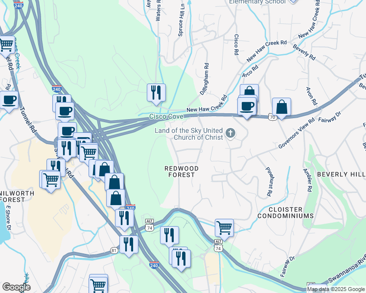 map of restaurants, bars, coffee shops, grocery stores, and more near 9 Oak Ridge Road in Asheville