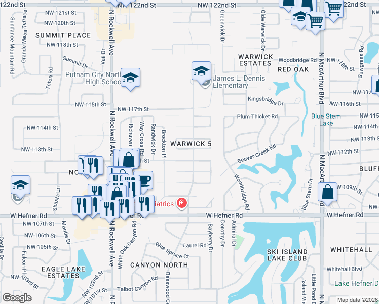 map of restaurants, bars, coffee shops, grocery stores, and more near 6600 Northwest 113th Street in Oklahoma City