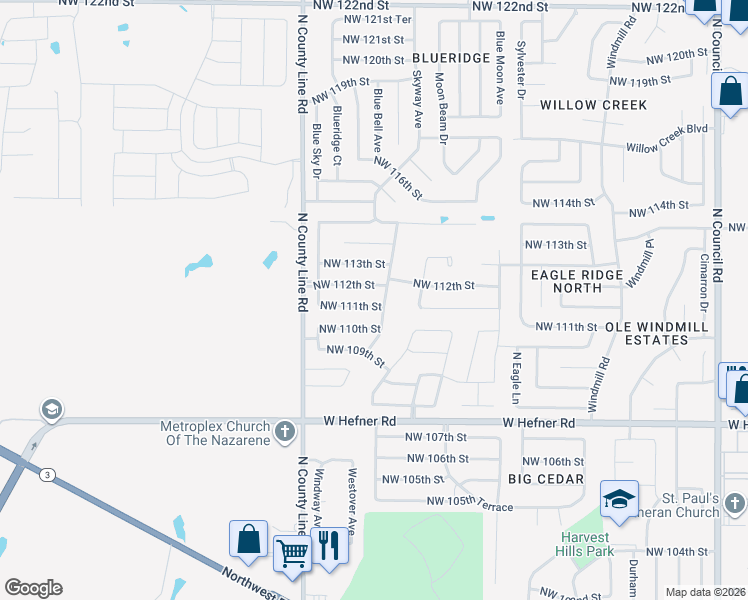 map of restaurants, bars, coffee shops, grocery stores, and more near 8805 Northwest 111th Street in Oklahoma City