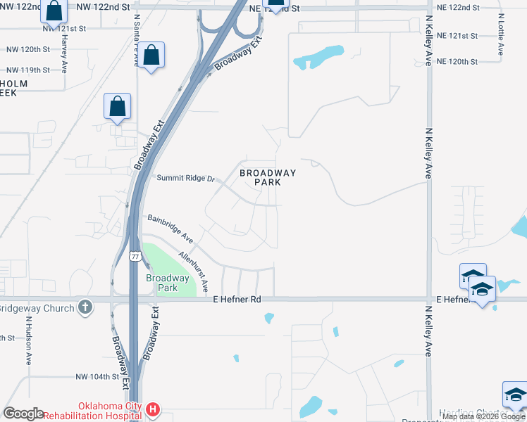 map of restaurants, bars, coffee shops, grocery stores, and more near 437 Summit Ridge Drive in Oklahoma City