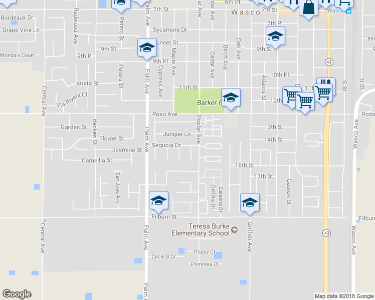 map of restaurants, bars, coffee shops, grocery stores, and more near 1525 Olive Court in Wasco