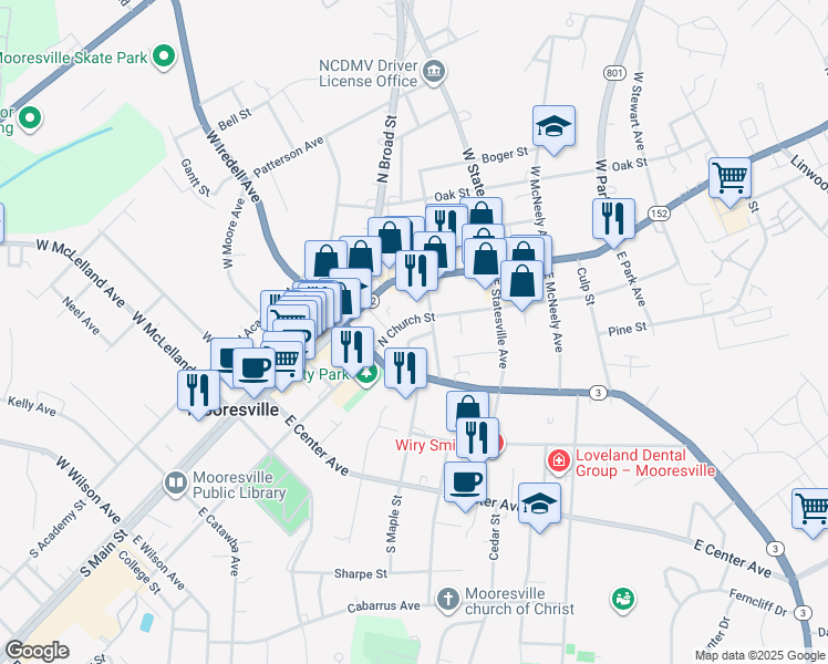 map of restaurants, bars, coffee shops, grocery stores, and more near 332 Clover Street in Mooresville