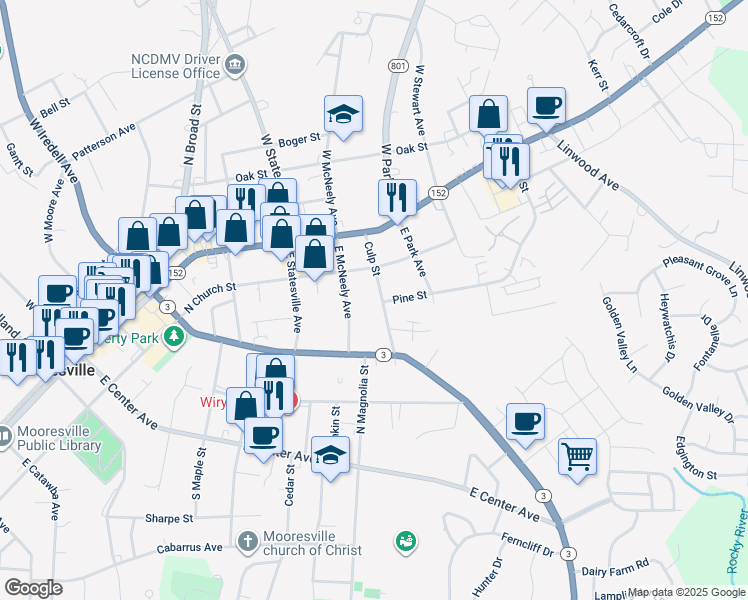 map of restaurants, bars, coffee shops, grocery stores, and more near 233 Culp Street in Mooresville
