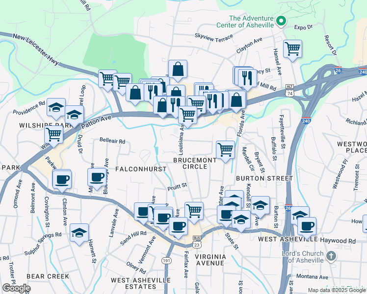 map of restaurants, bars, coffee shops, grocery stores, and more near 38 Oregon Avenue in Asheville