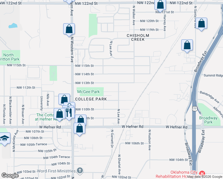 map of restaurants, bars, coffee shops, grocery stores, and more near 613 Northwest 112th Street in Oklahoma City