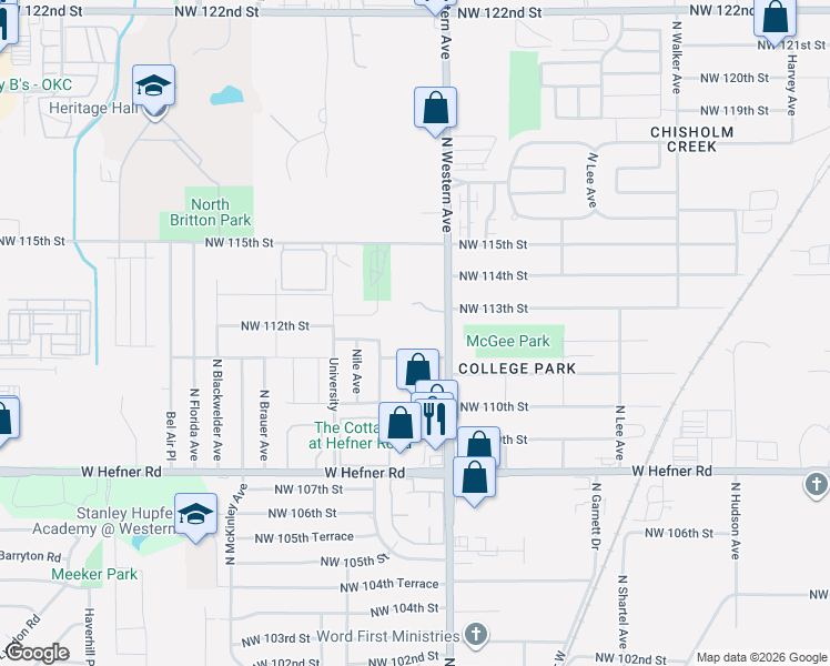 map of restaurants, bars, coffee shops, grocery stores, and more near 11333 North Western Avenue in Oklahoma City