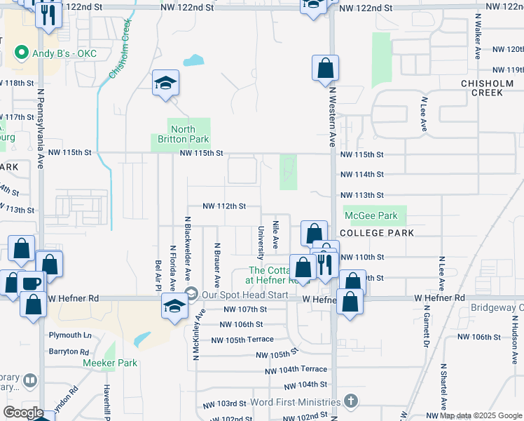 map of restaurants, bars, coffee shops, grocery stores, and more near 1215 Northwest 112th Street in Oklahoma City