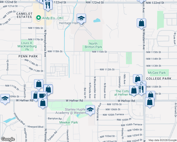 map of restaurants, bars, coffee shops, grocery stores, and more near 11312 Bel Air Place in Oklahoma City