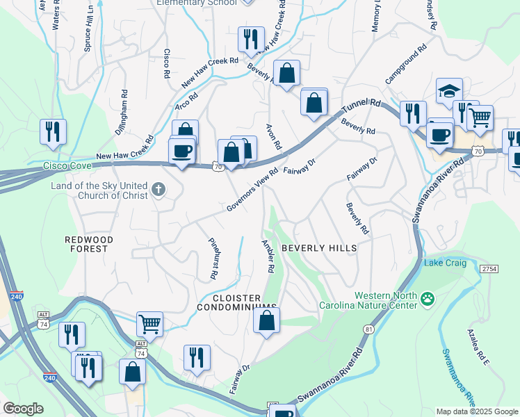 map of restaurants, bars, coffee shops, grocery stores, and more near 99999 Ambler Road in Asheville