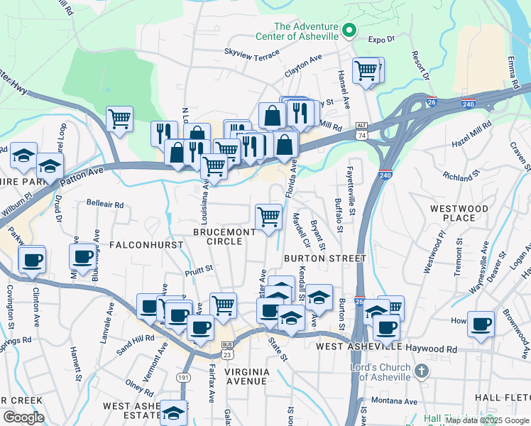 map of restaurants, bars, coffee shops, grocery stores, and more near 164 Dorchester Avenue in Asheville
