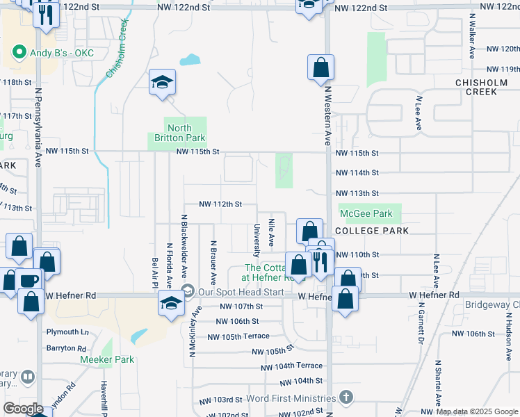 map of restaurants, bars, coffee shops, grocery stores, and more near 1215 Northwest 112th Street in Oklahoma City