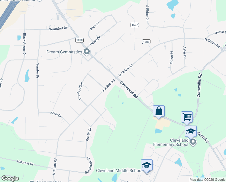 map of restaurants, bars, coffee shops, grocery stores, and more near 3547 South Shiloh Road in Garner