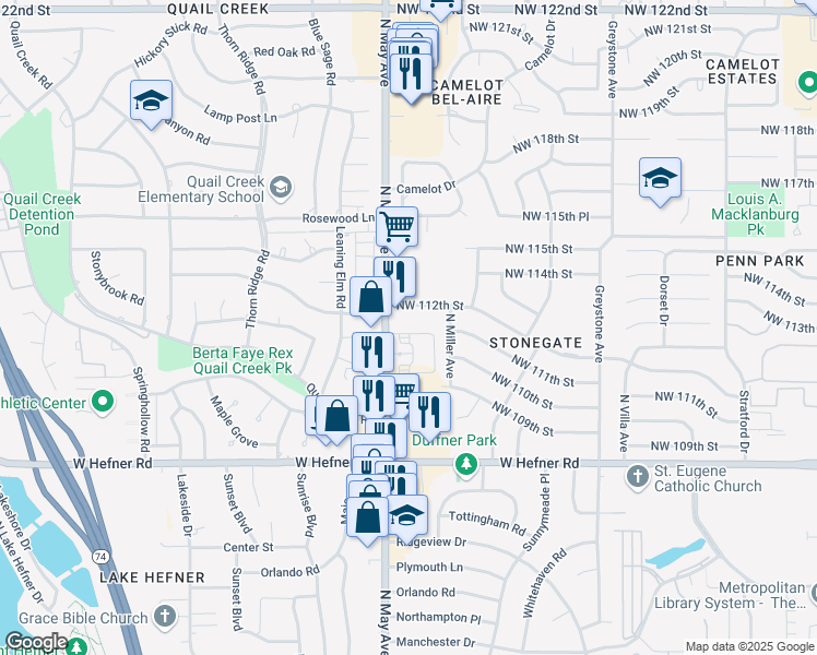map of restaurants, bars, coffee shops, grocery stores, and more near 11212 North May Avenue in Oklahoma City