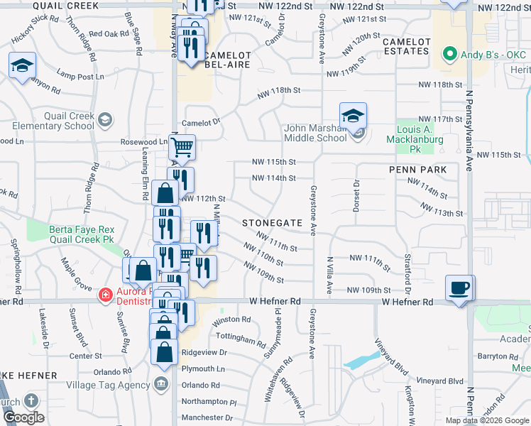 map of restaurants, bars, coffee shops, grocery stores, and more near 2601 Northwest 112th Street in Oklahoma City