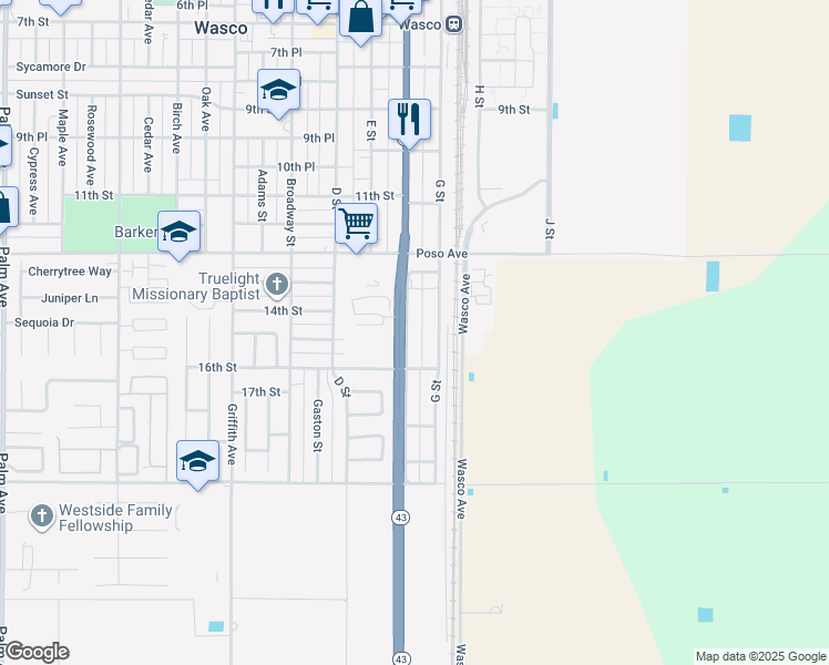 map of restaurants, bars, coffee shops, grocery stores, and more near 1650 F Street in Wasco