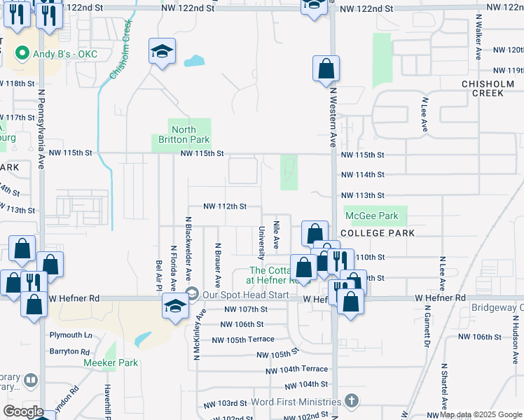 map of restaurants, bars, coffee shops, grocery stores, and more near 1215 Northwest 112th Street in Oklahoma City