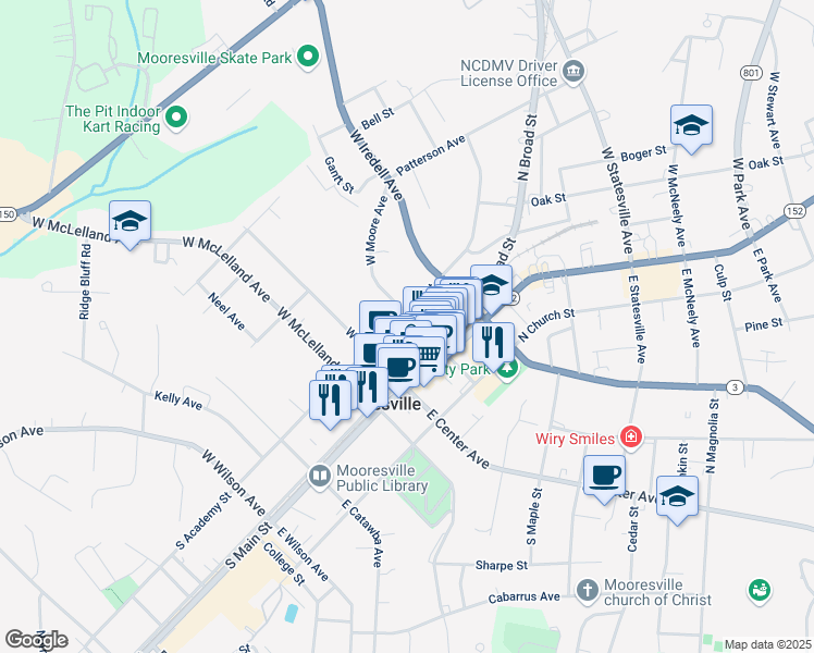 map of restaurants, bars, coffee shops, grocery stores, and more near 252 West Moore Avenue in Mooresville
