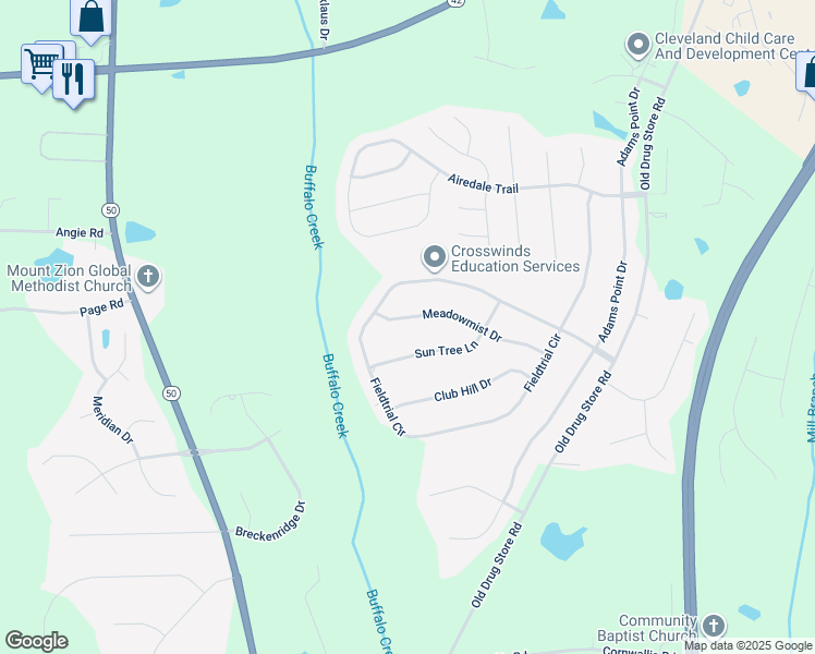 map of restaurants, bars, coffee shops, grocery stores, and more near 285 Meadowmist Drive in Garner