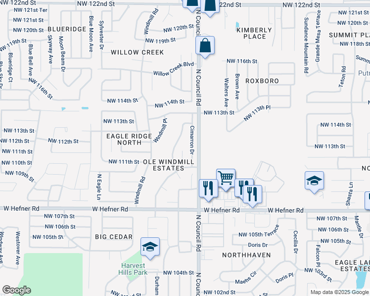 map of restaurants, bars, coffee shops, grocery stores, and more near 11224 Glendover Court in Oklahoma City