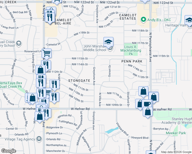 map of restaurants, bars, coffee shops, grocery stores, and more near 11316 Greystone Avenue in Oklahoma City