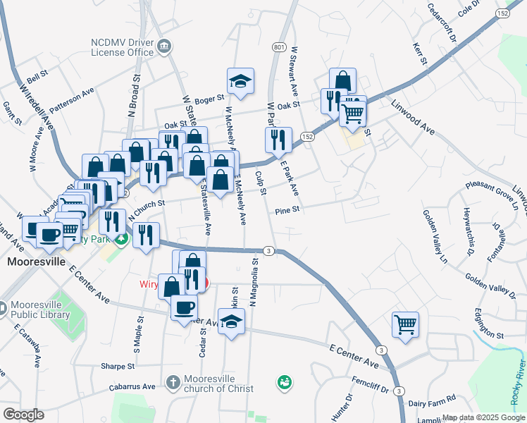 map of restaurants, bars, coffee shops, grocery stores, and more near 233 Culp Street in Mooresville