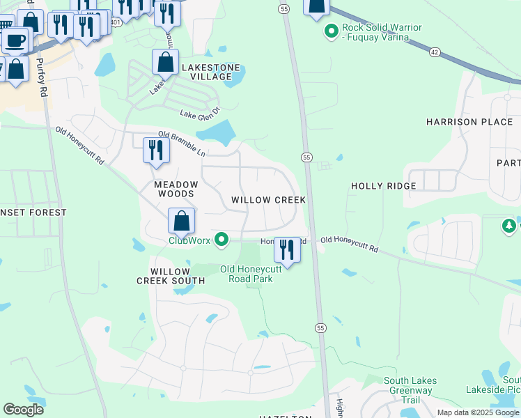 map of restaurants, bars, coffee shops, grocery stores, and more near 221 Purple Leaf Road in Fuquay-Varina