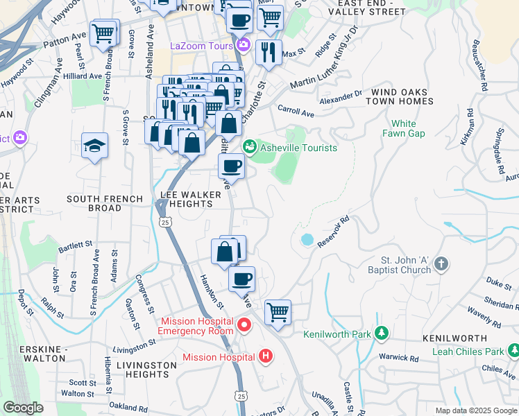 map of restaurants, bars, coffee shops, grocery stores, and more near 120 Buchanan Avenue in Asheville