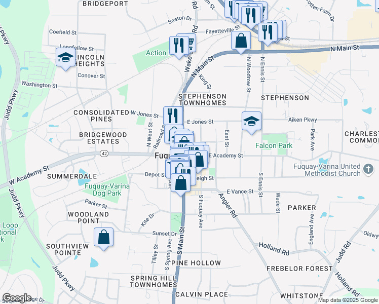 map of restaurants, bars, coffee shops, grocery stores, and more near 102 North Main Street in Fuquay-Varina